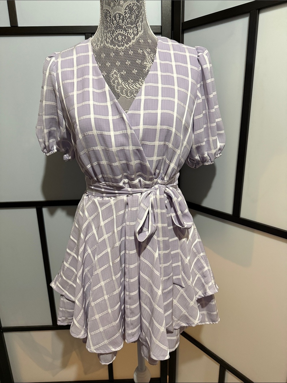 Lavender Plaid Wrap Romper with Tie Waist